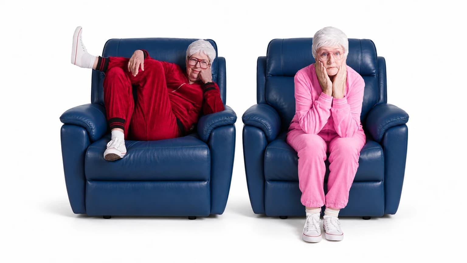 Nora McLellan and Seana McKenna seated in matching blue chairs in Jackpot Twins